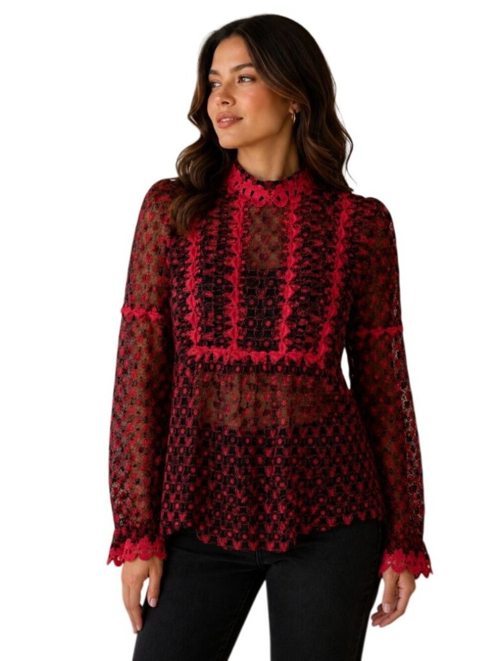 Anna Sui Ruffled Wagon Wheel & Hearts Embroidered Top  NWOT - Size 2